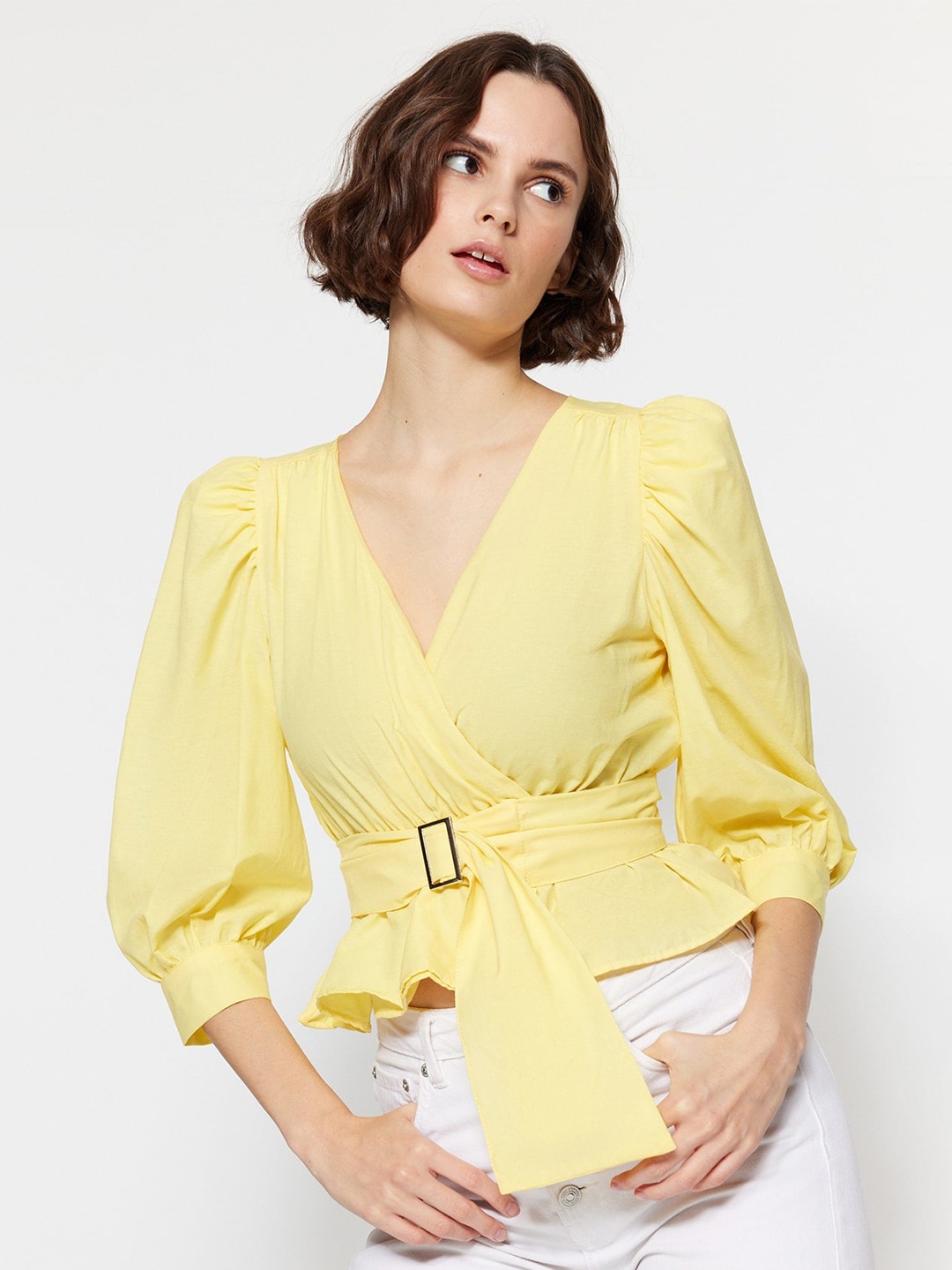

Trendyol Puff Sleeves Cotton Cinched Waist Top, Yellow