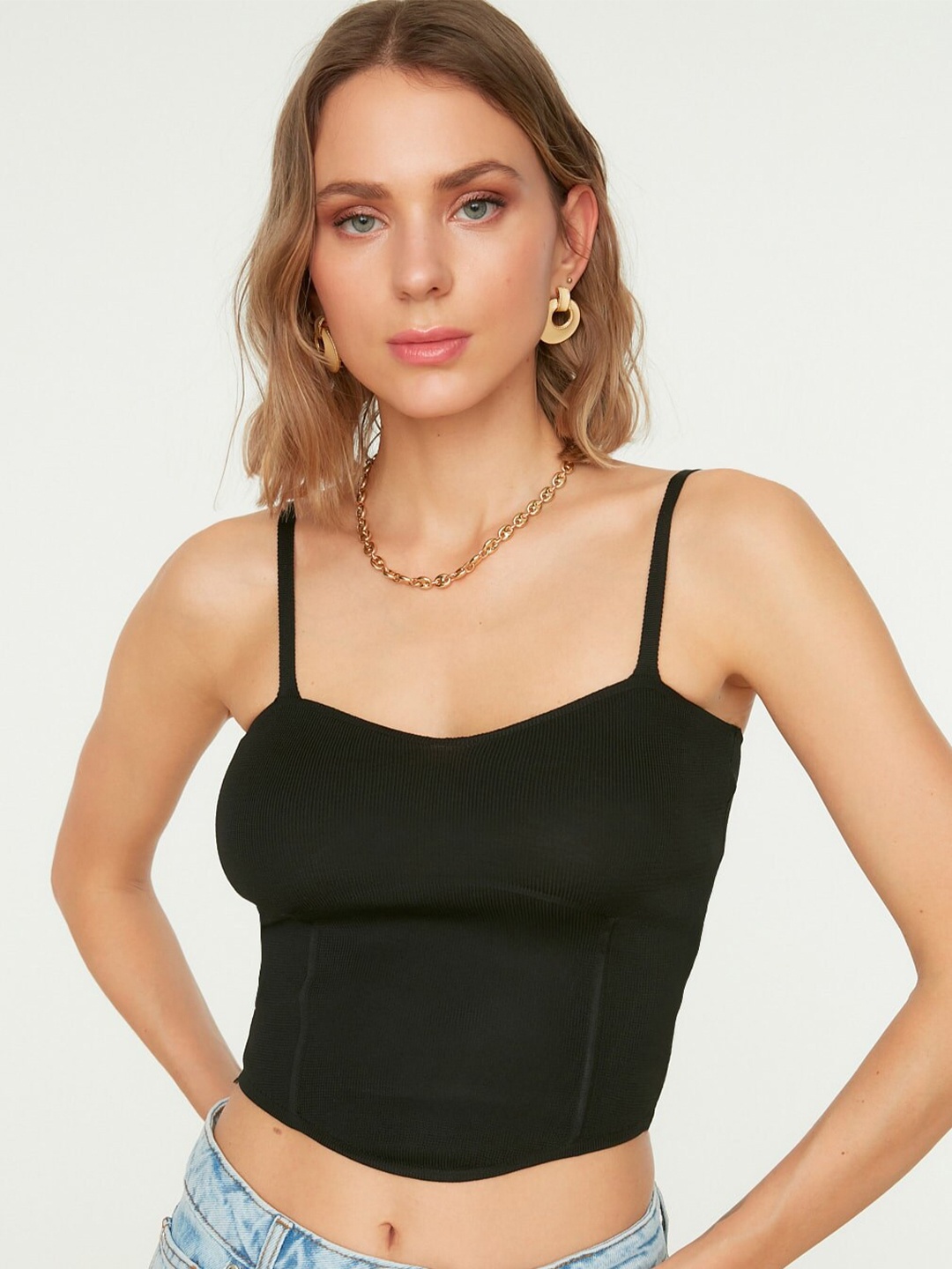 

Trendyol Shoulder Straps Ribbed Fitted Crop Top, Black