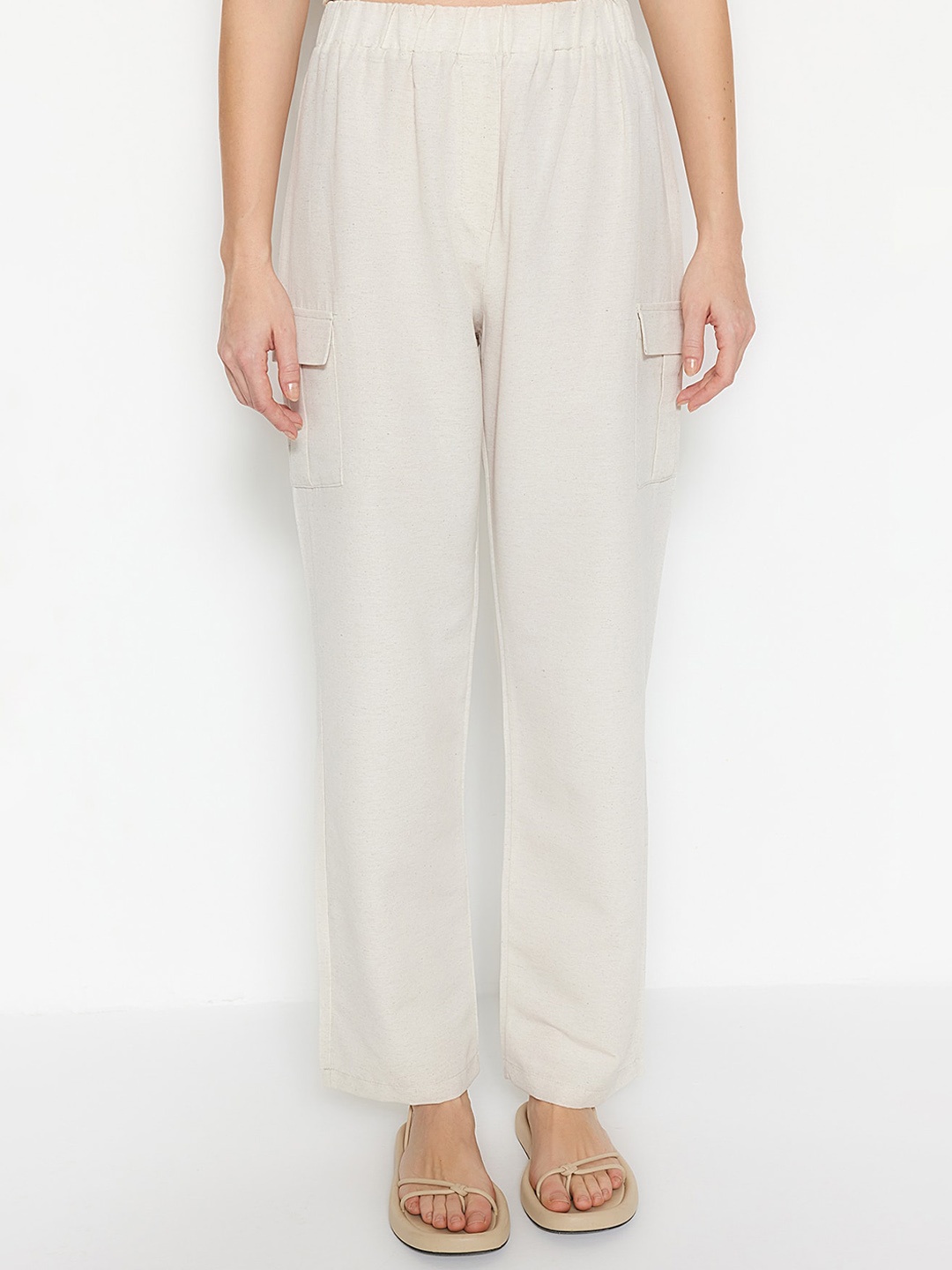

Trendyol Women High-Rise Straight Fit Parallel Trousers, Cream