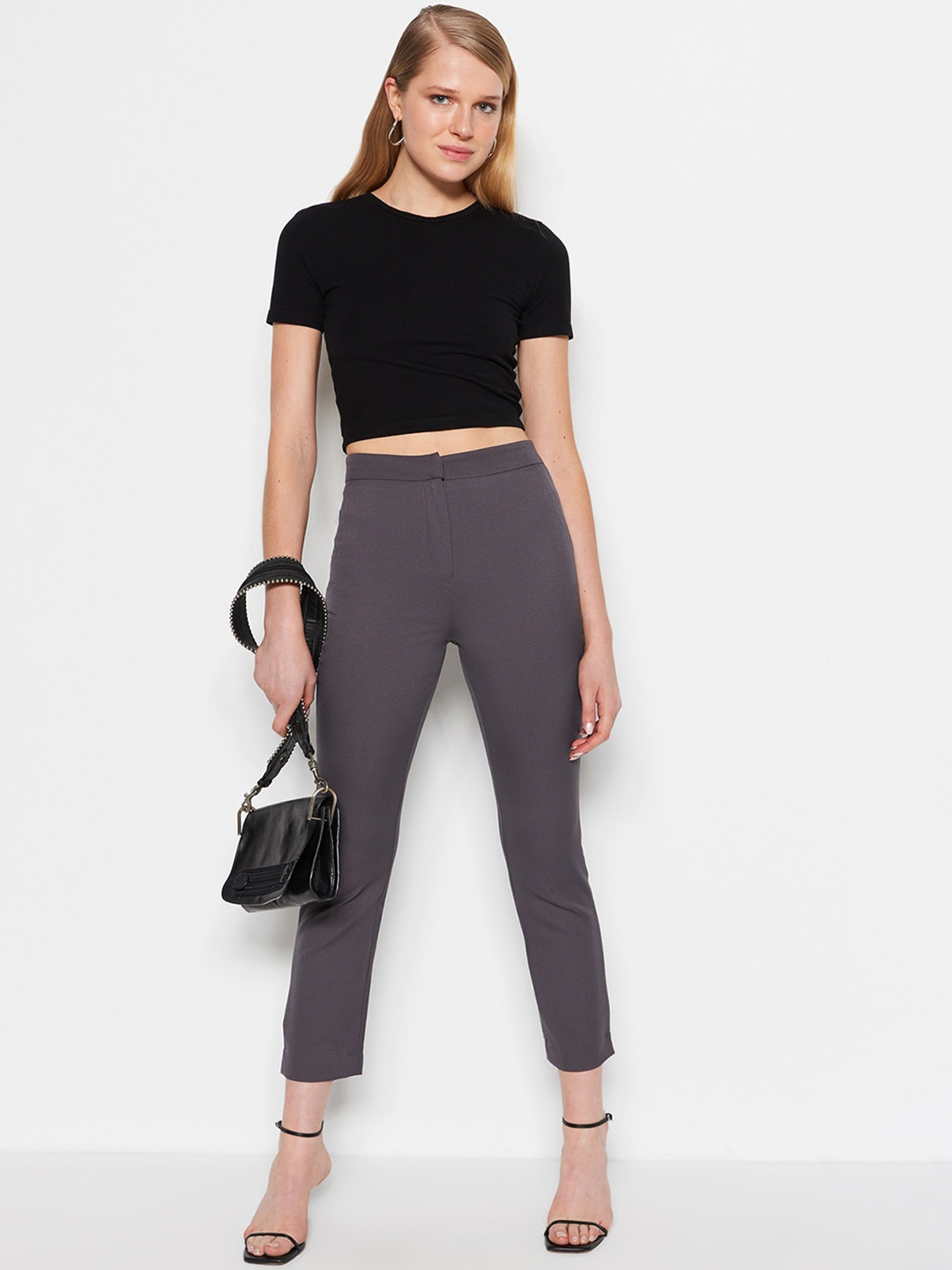 

Trendyol Women High-Rise Slim Fit Regular Trousers, Grey