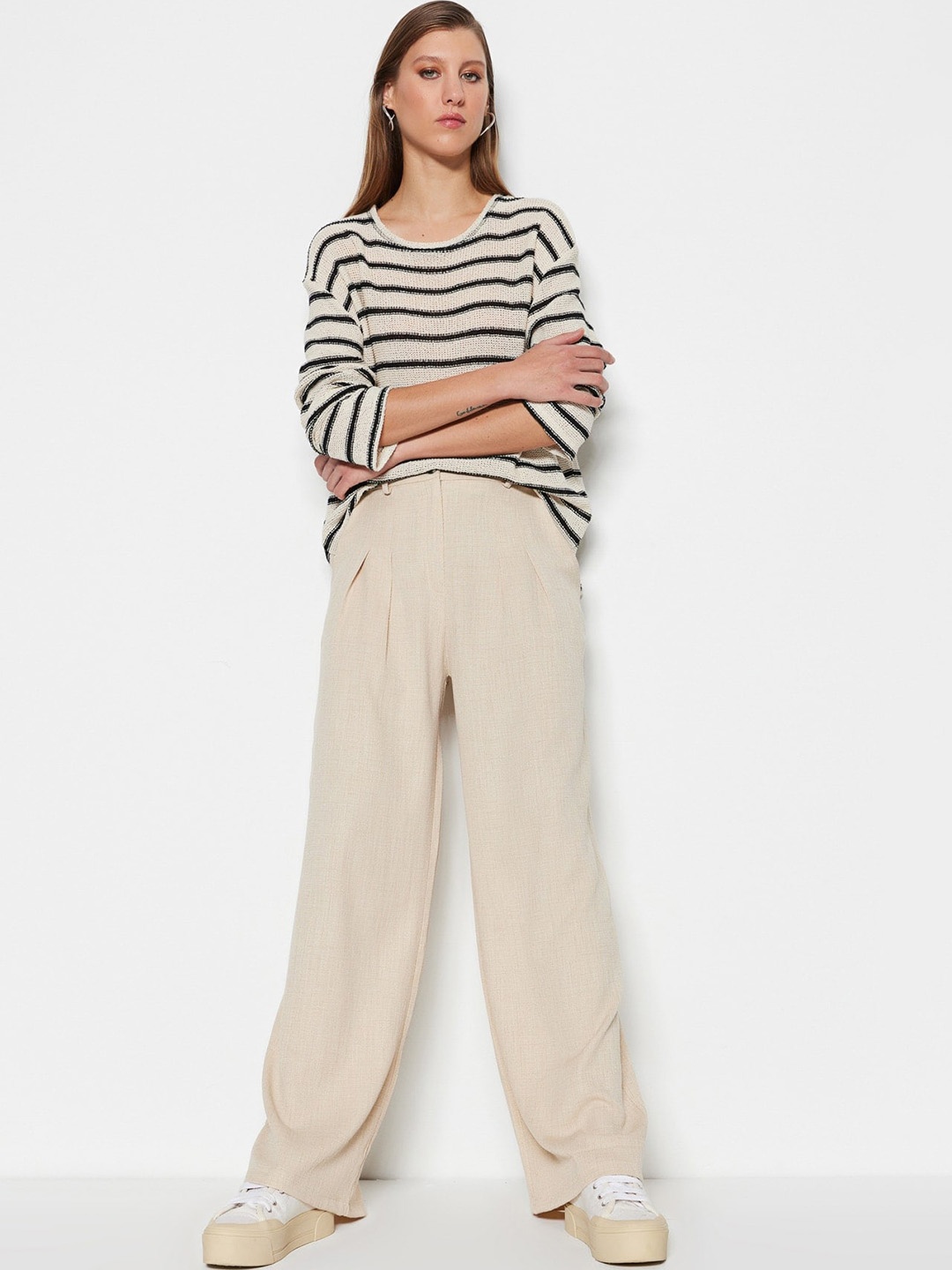 

Trendyol Women High-Rise Pleated Loose Fit Pleated Trousers, Cream