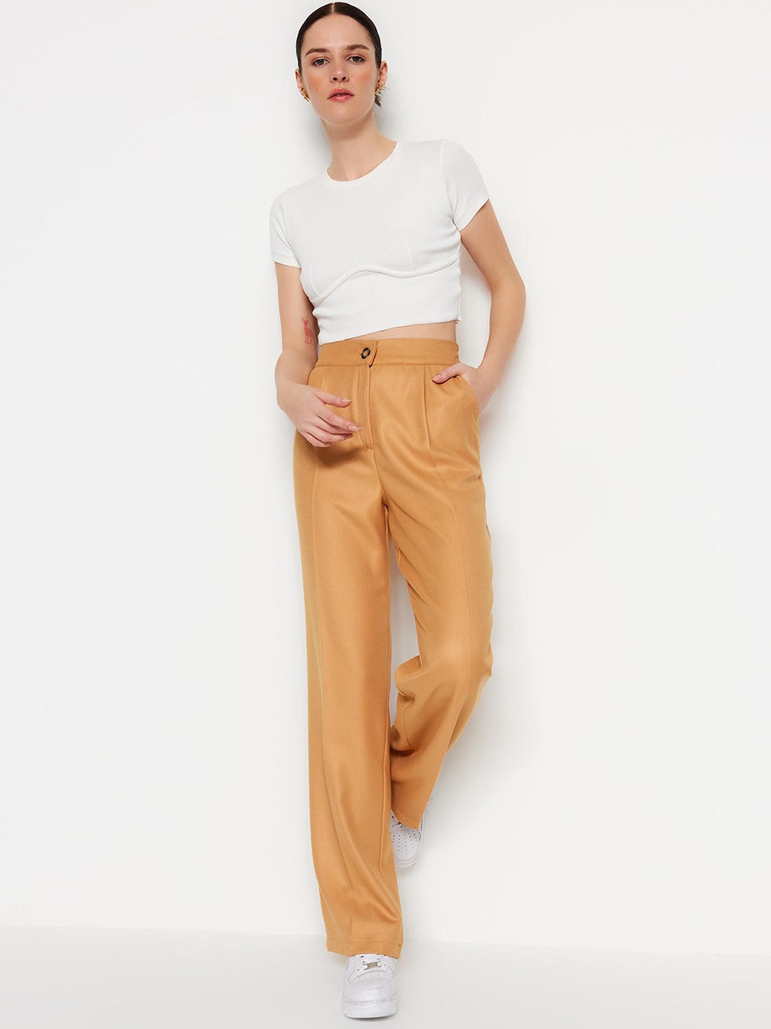 

Trendyol Women High-Rise Pleated Straight Fit Parallel Trousers, Camel brown