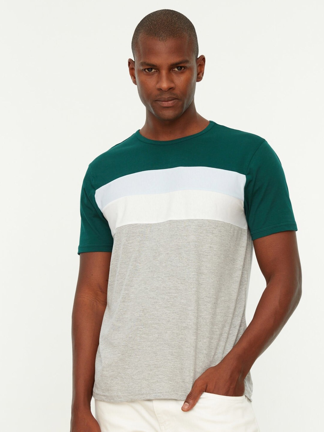 

Trendyol Colourblocked Pure Cotton T-shirt, Green