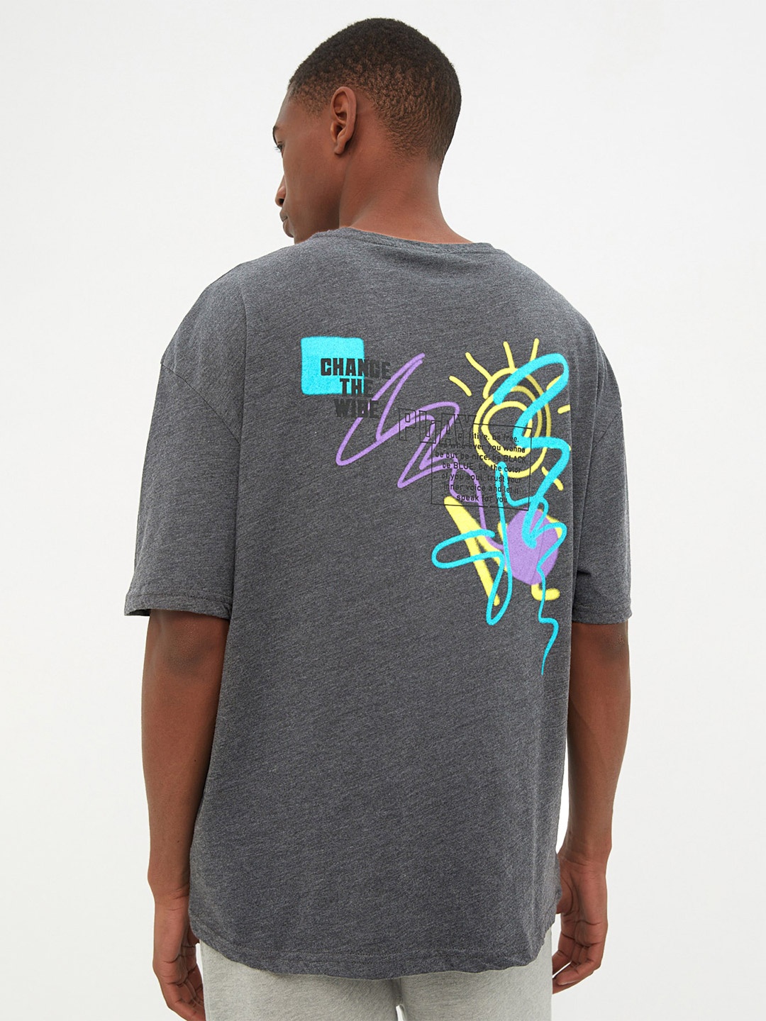 

Trendyol Graphic Printed Drop-Shoulder Sleeves Pure Cotton T-shirt, Grey