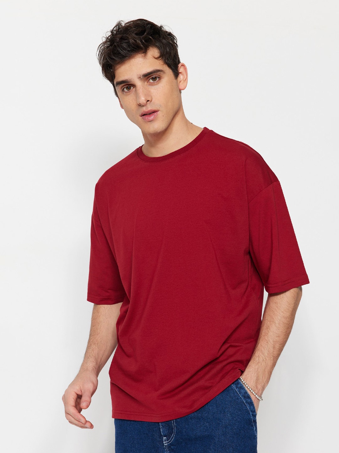 

Trendyol Drop-Shoulder Sleeves Pure Cotton Casual T-shirt, Red