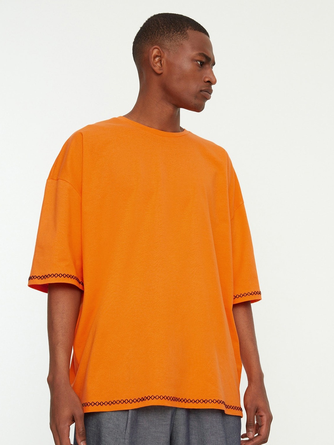 

Trendyol Drop-Shoulder Sleeves Pure Cotton Casual T-shirt, Orange