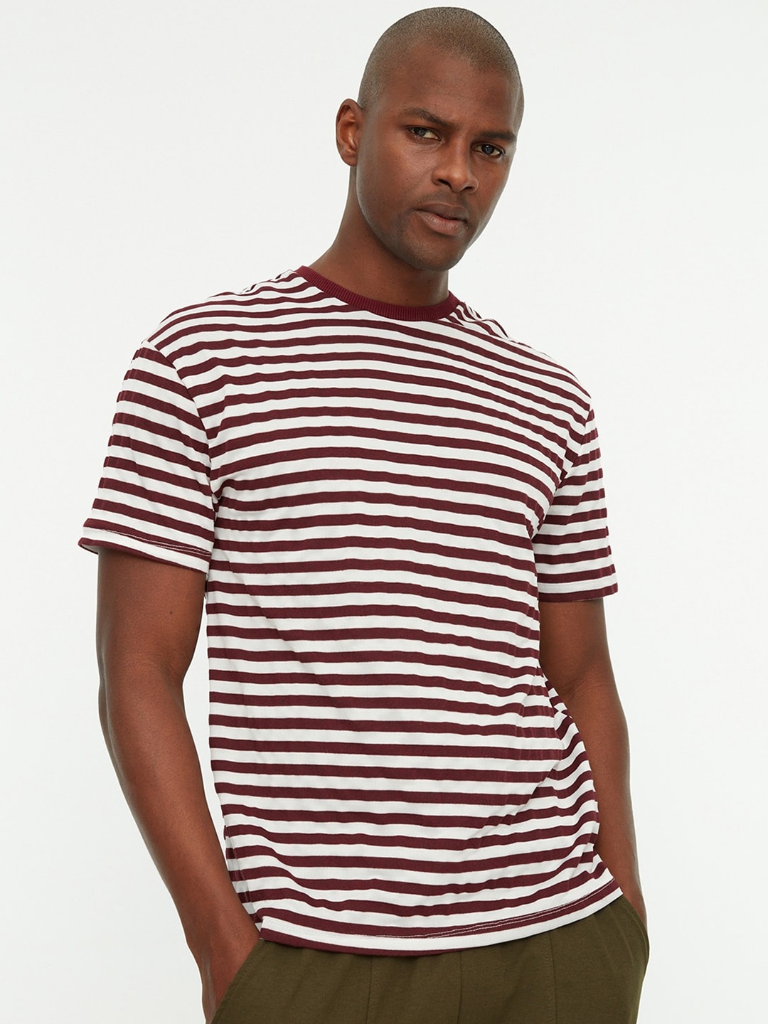 

Trendyol Horizontal Striped Round Neck Casual T-shirt, Burgundy