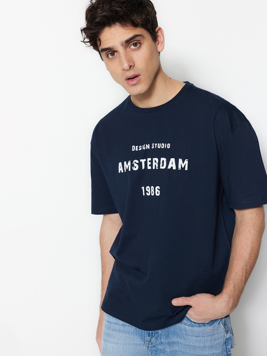 

Trendyol Typography Printed Drop-Shoulder Sleeves Pure Cotton T-shirt, Navy blue