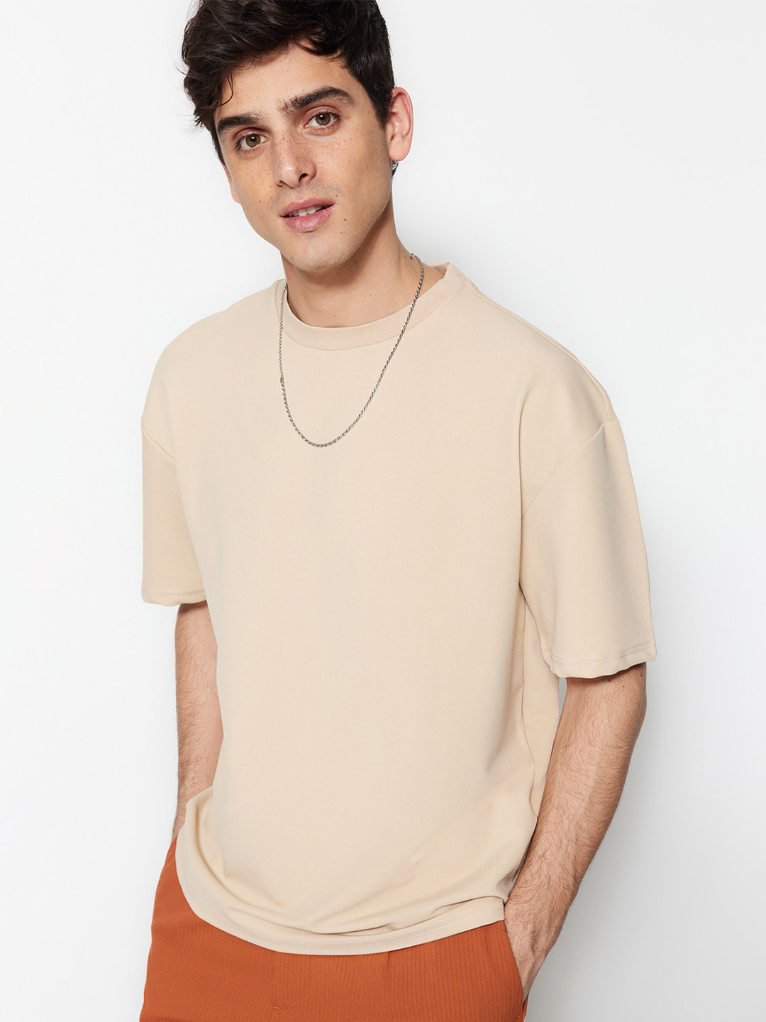 

Trendyol Round Neck Drop-Shoulder Sleeves Casual T-shirt, Beige
