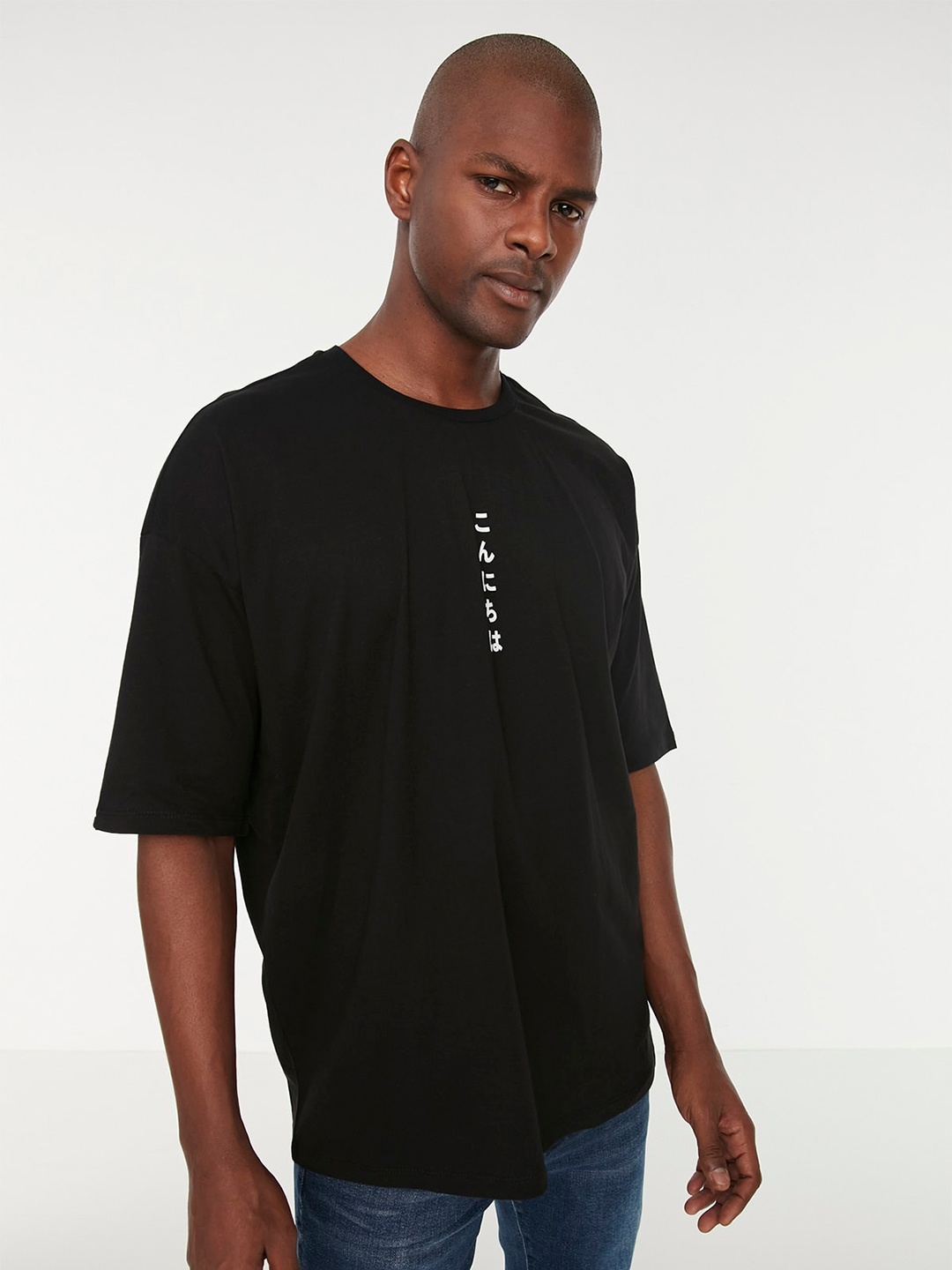 

Trendyol Typography Printed Drop-Shoulder Sleeves Pure Cotton T-shirt, Black