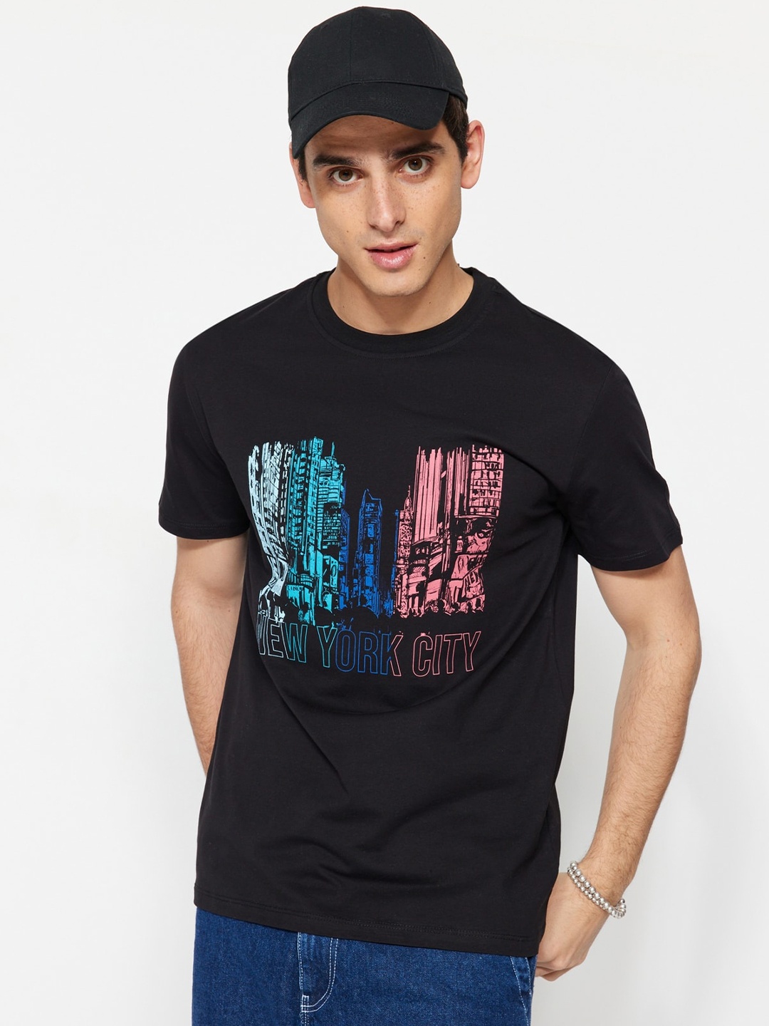 

Trendyol Printed Round Neck Pure Cotton T-shirt, Black