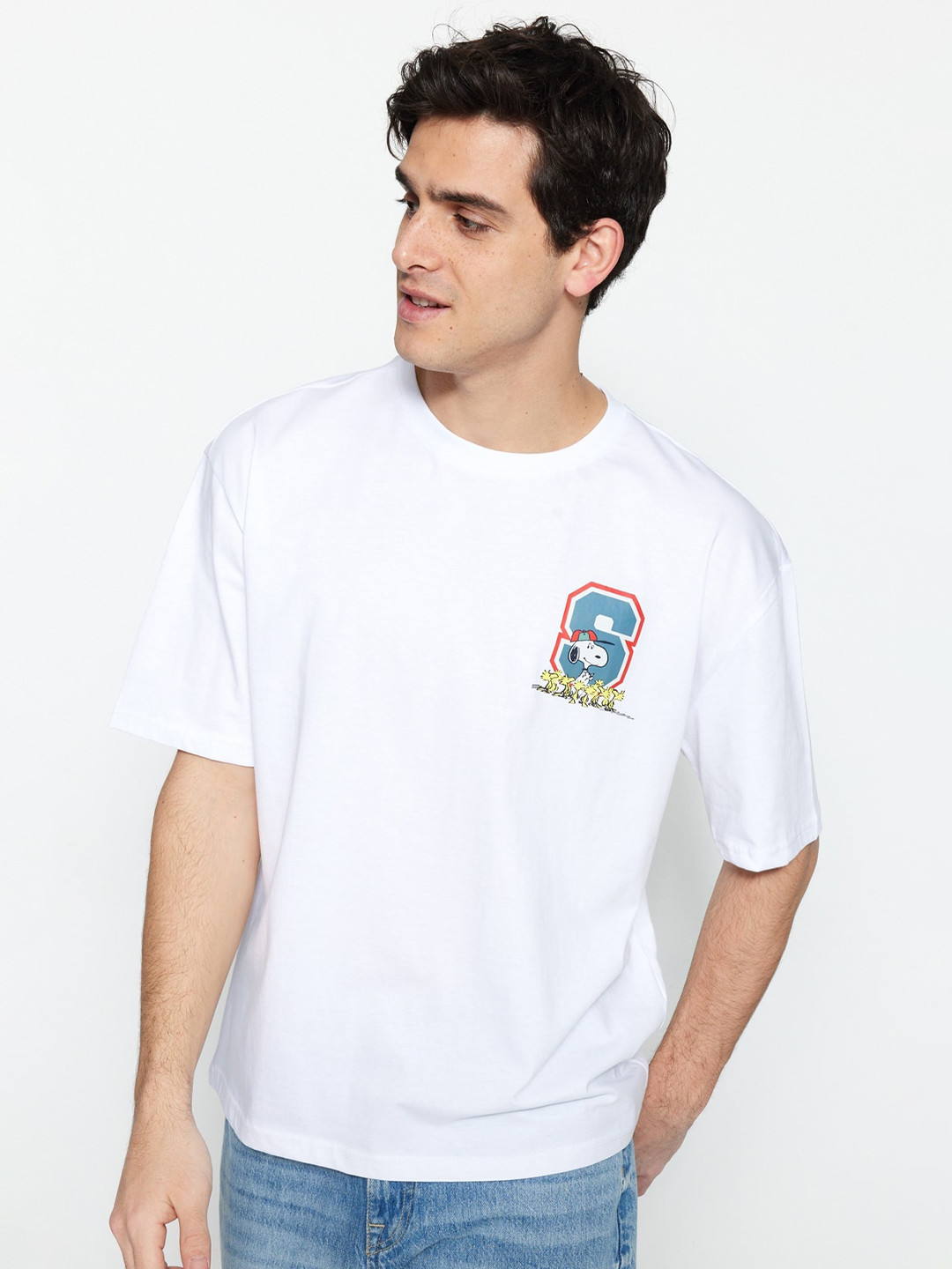 

Trendyol Typography Printed Drop-Shoulder Sleeves Pure Cotton T-shirt, White