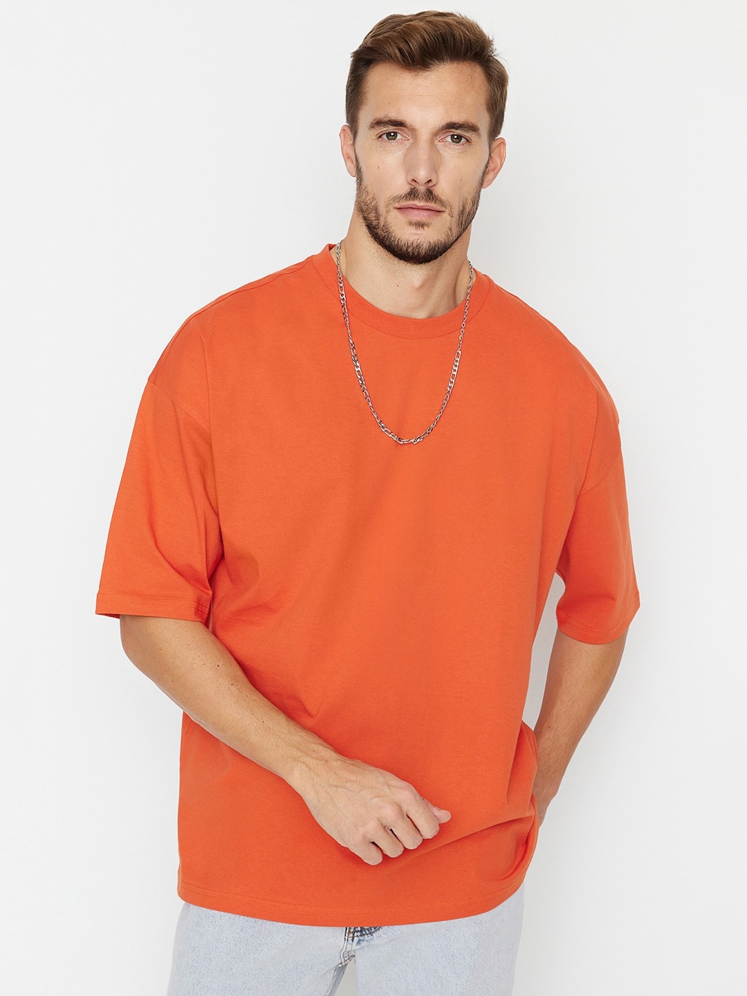 

Trendyol Drop-Shoulder Sleeves Pure Cotton Casual T-shirt, Orange