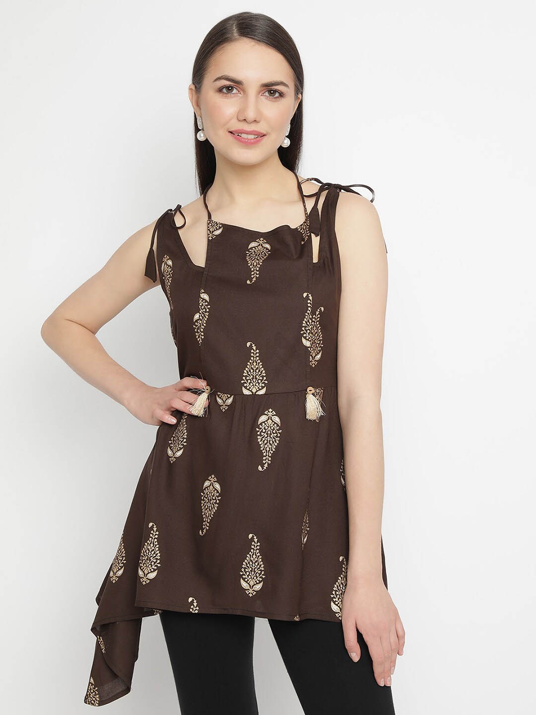 

aayusika Ethnic Motif Printed Tie-Up Asymmetric Longline A-line Top, Brown