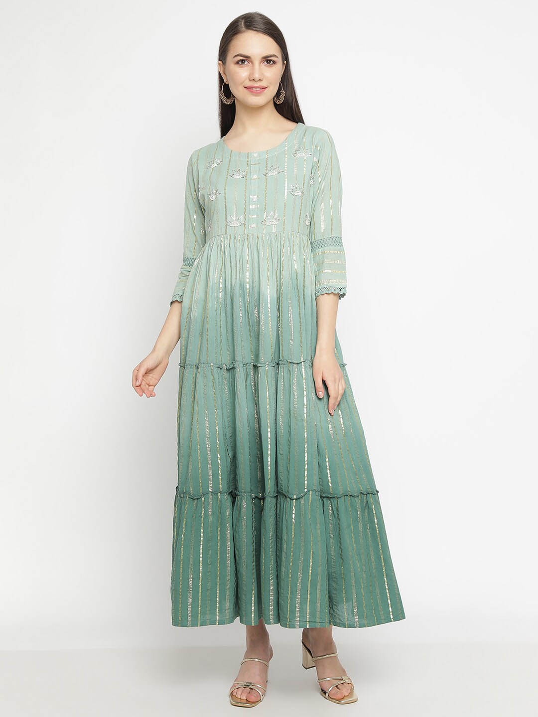 

aayusika Ethnic Motifs Printed Embellished Cotton Fit & Flare Maxi Ethnic Dress, Green