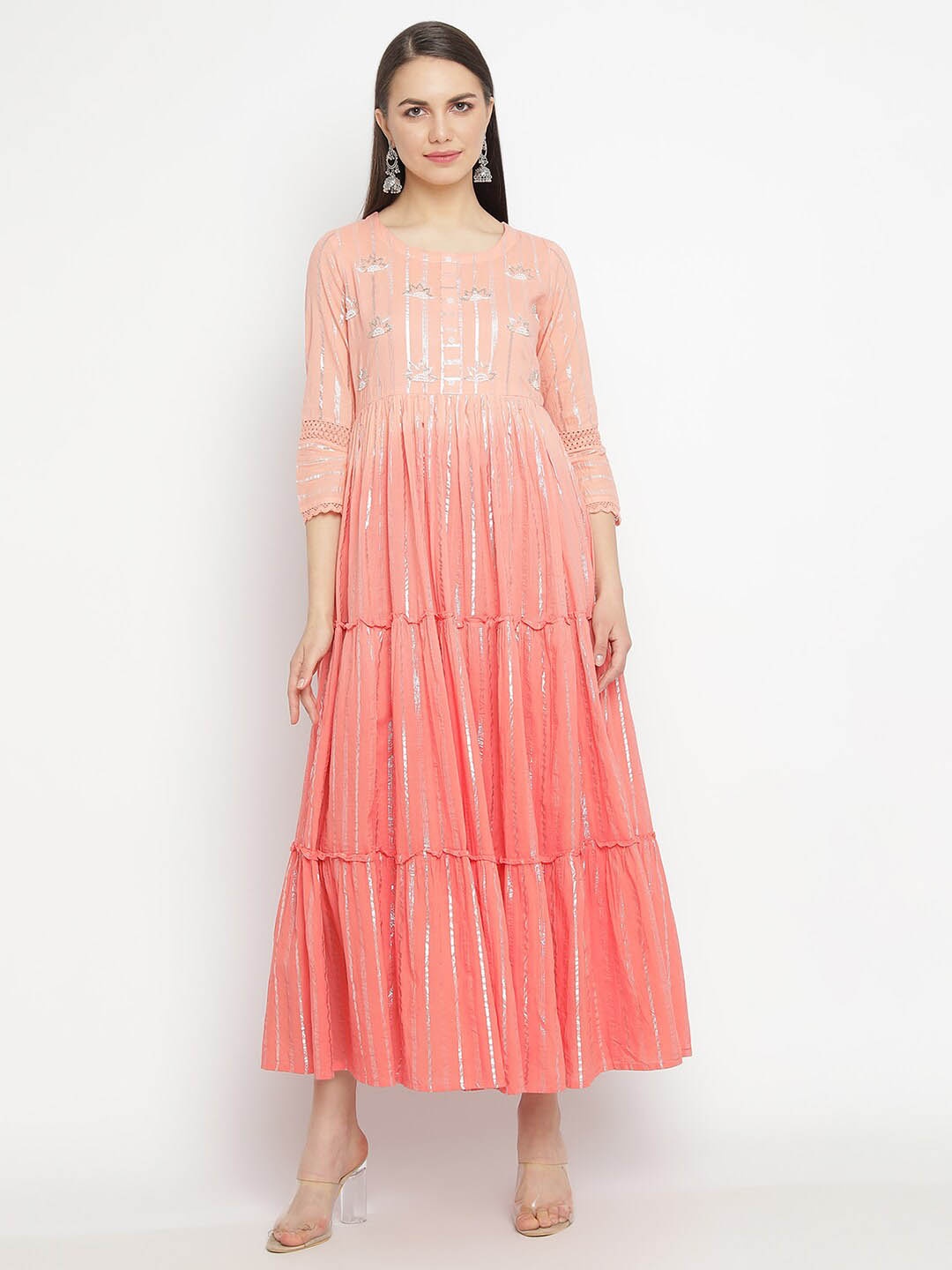 

aayusika Ethnic Motifs Printed Embellished Cotton Fit & Flare Maxi Ethnic Dress, Peach
