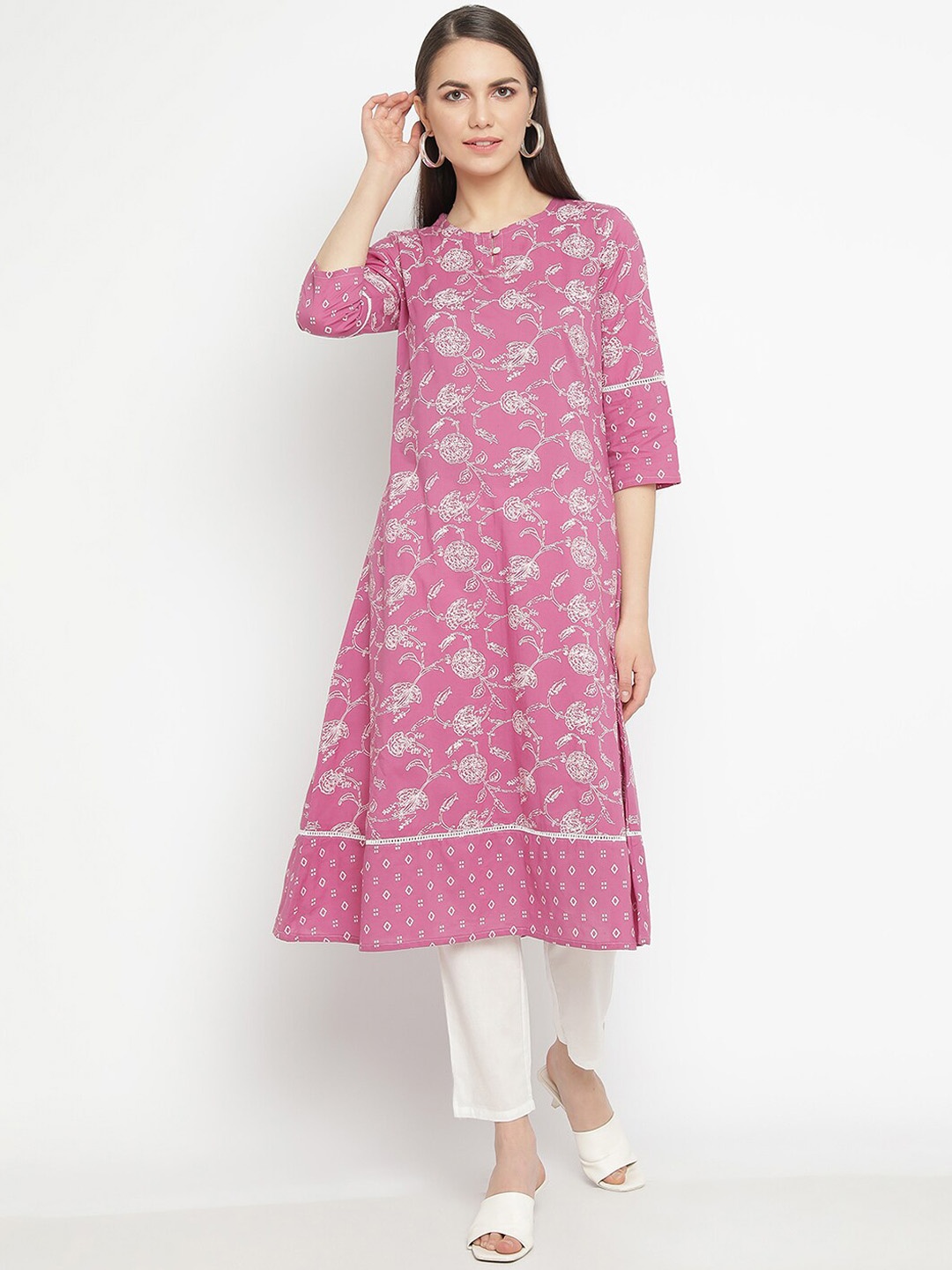 

aayusika Floral Printed Pure Cotton A-Line Kurta with Trousers, Pink