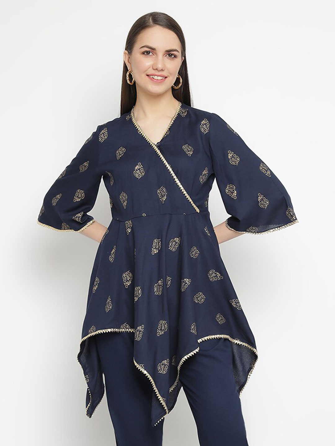 

aayusika Ethnic Motif Printed Flared Sleeve Wrap Gotta Patti Longline Top, Blue