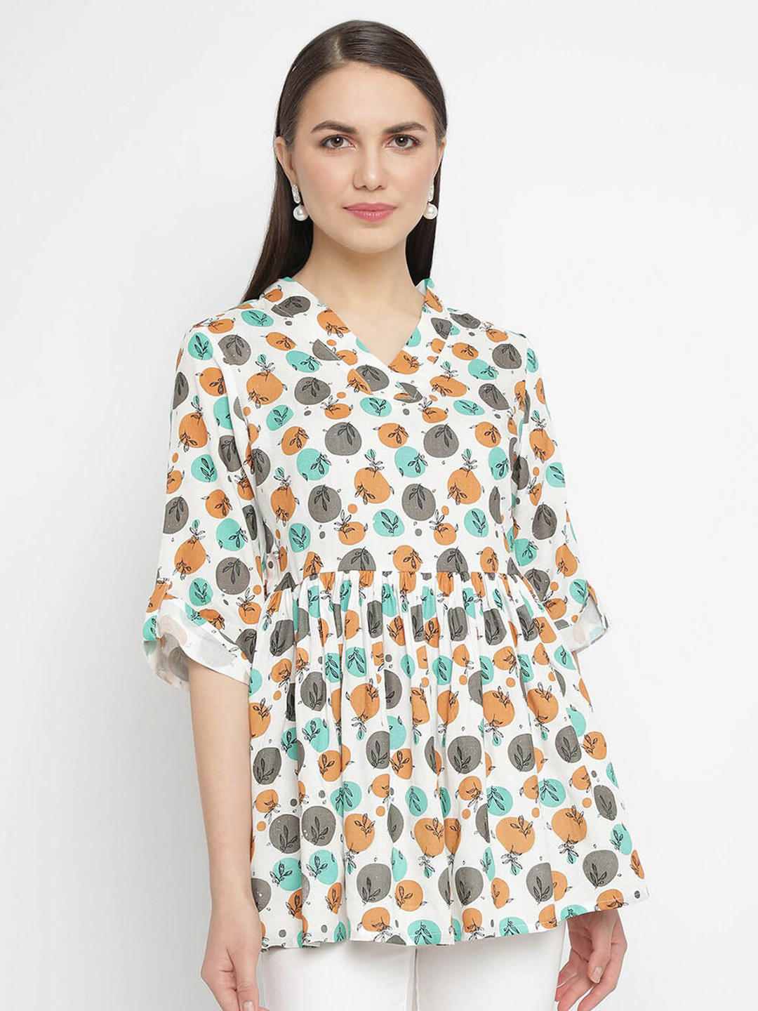 

aayusika Printed Roll-Up Sleeves A-line Top, Green