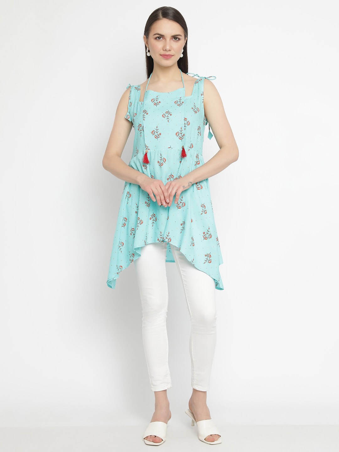 

aayusika Turquoise Blue Floral Print Off-Shoulder Flutter Sleeve Top
