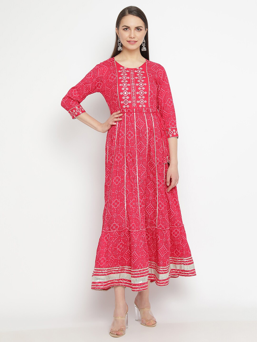 

aayusika Ethnic Motif Printed Embroidered Fit & Flare Maxi Ethnic Dress, Pink