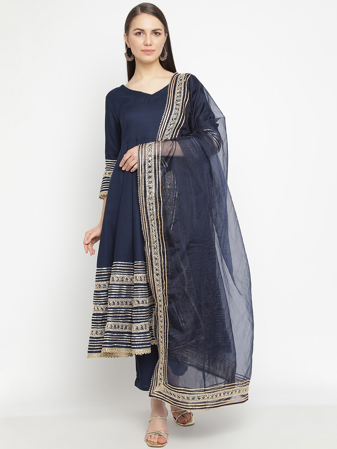 

aayusika V Neck Gotta Patti Anarkali Kurta With Trousers & Dupatta, Navy blue