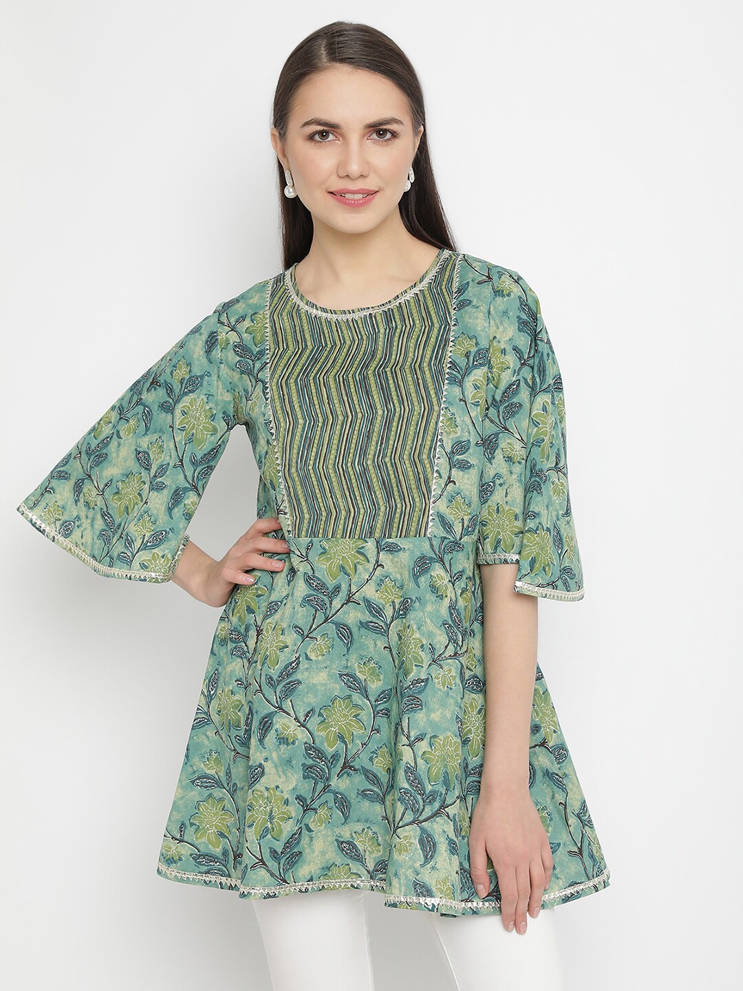 

aayusika Floral Print Bell Sleeve Cotton Tunic, Beige