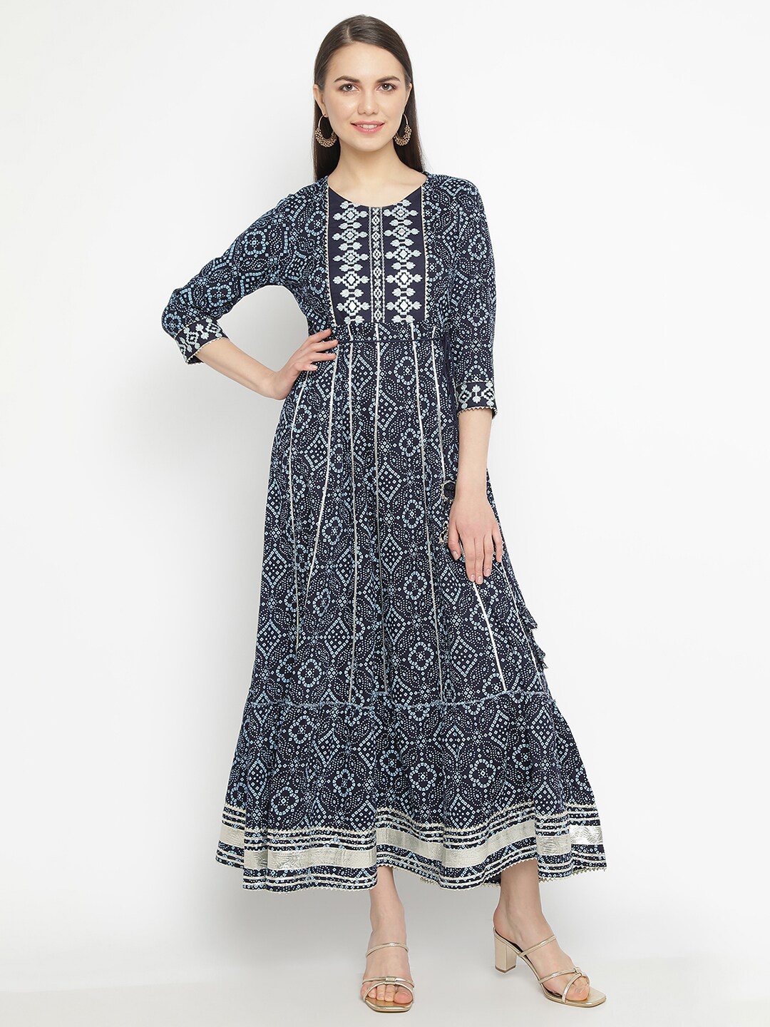 

aayusika Ethnic Motif Printed Embroidered Fit & Flare Maxi Ethnic Dress, Navy blue