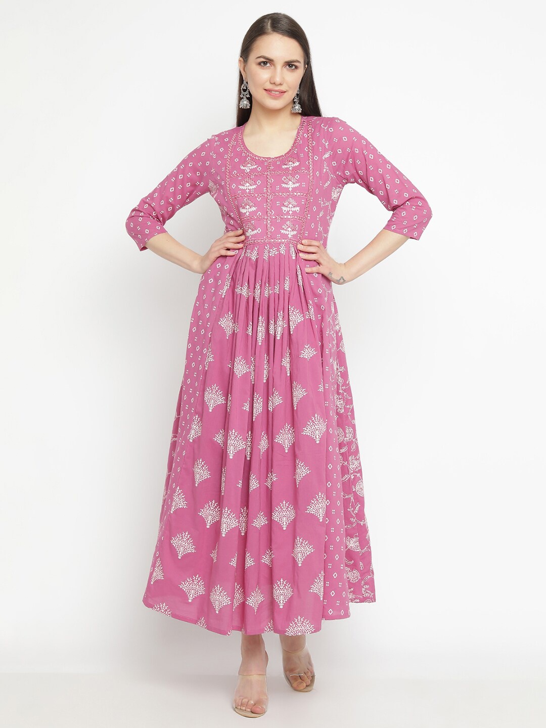 

aayusika Ethnic Motif Printed Cotton Fit & Flare Maxi Ethnic Dress, Mauve