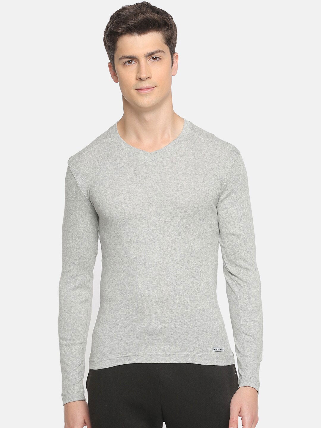 

Macroman M-Series V-Neck Long Sleeves Pure Cotton T-shirt, Grey melange