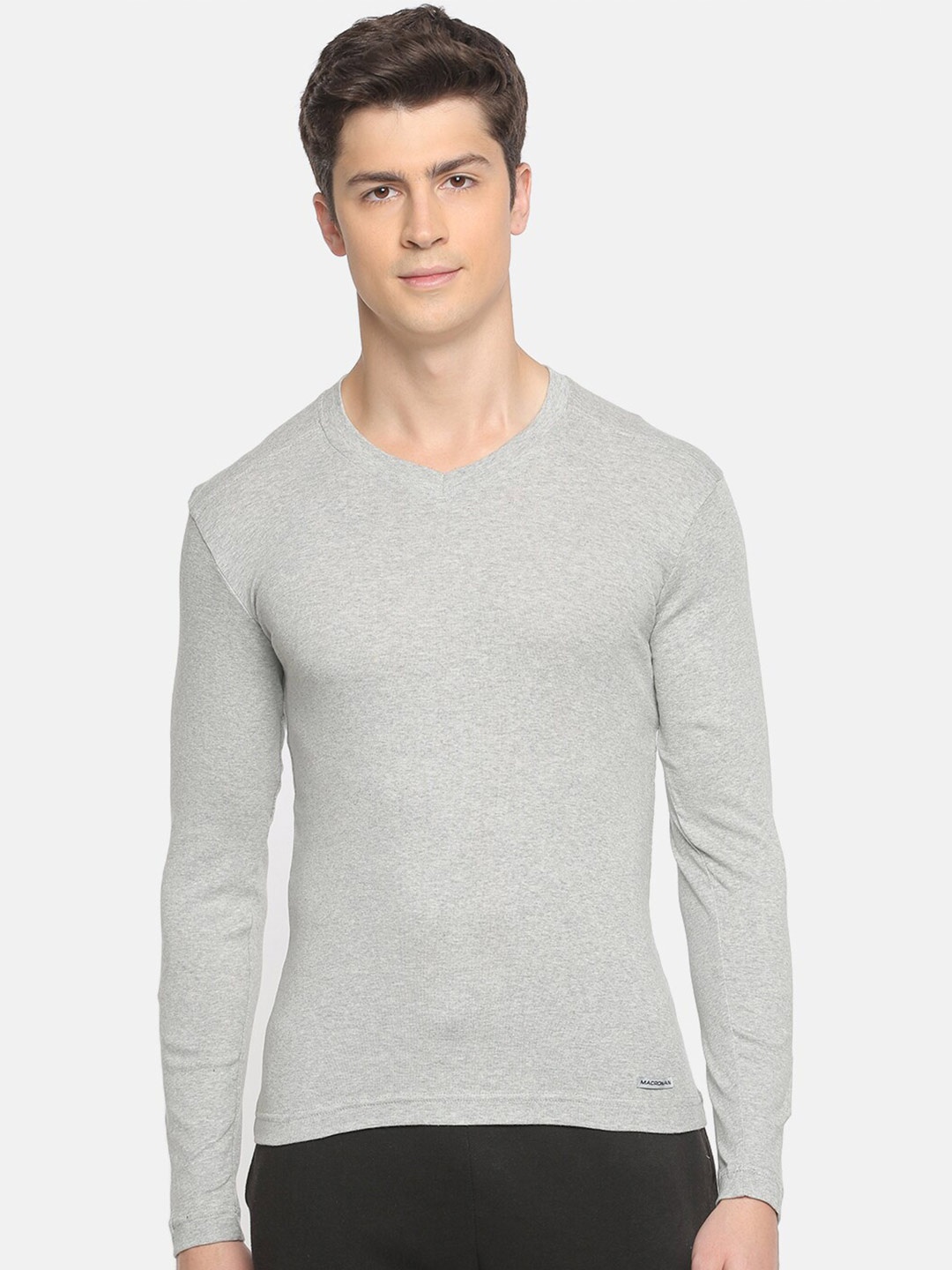 

Macroman M-Series Men Pure Cotton V-Neck T-shirt, Grey melange