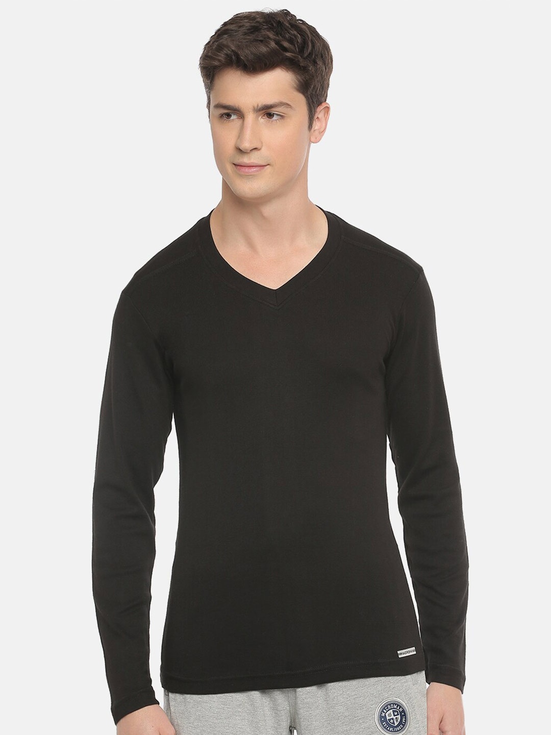 

Macroman M-Series V-Neck Long Sleeves Pure Cotton T-shirt, Black