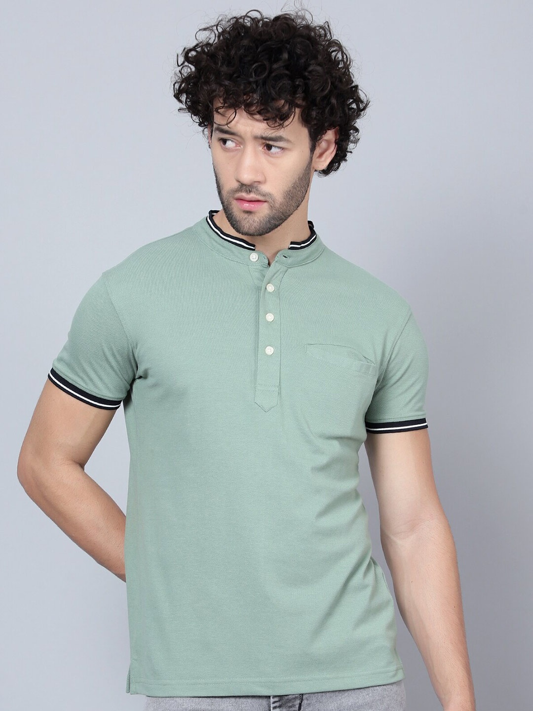 

Cantabil Men Mandarin Collar Pockets T-shirt, Green