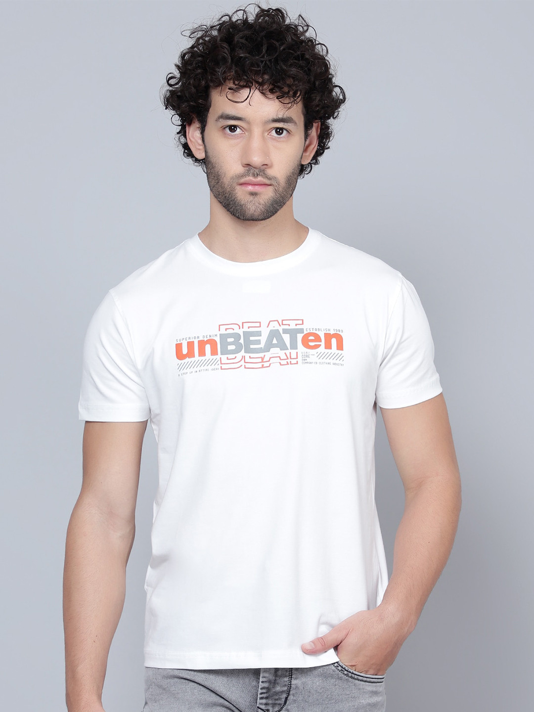 

Cantabil Men White Typography Printed Cotton T-shirt