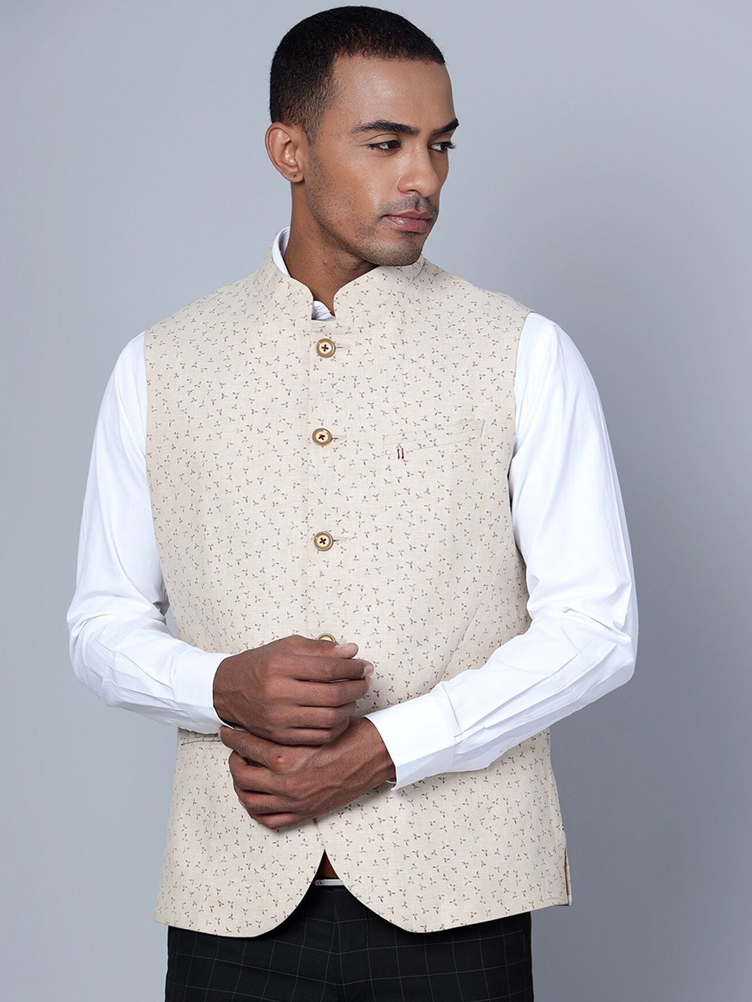 

Cantabil Micro Disty Printed Nehru Jacket, Beige