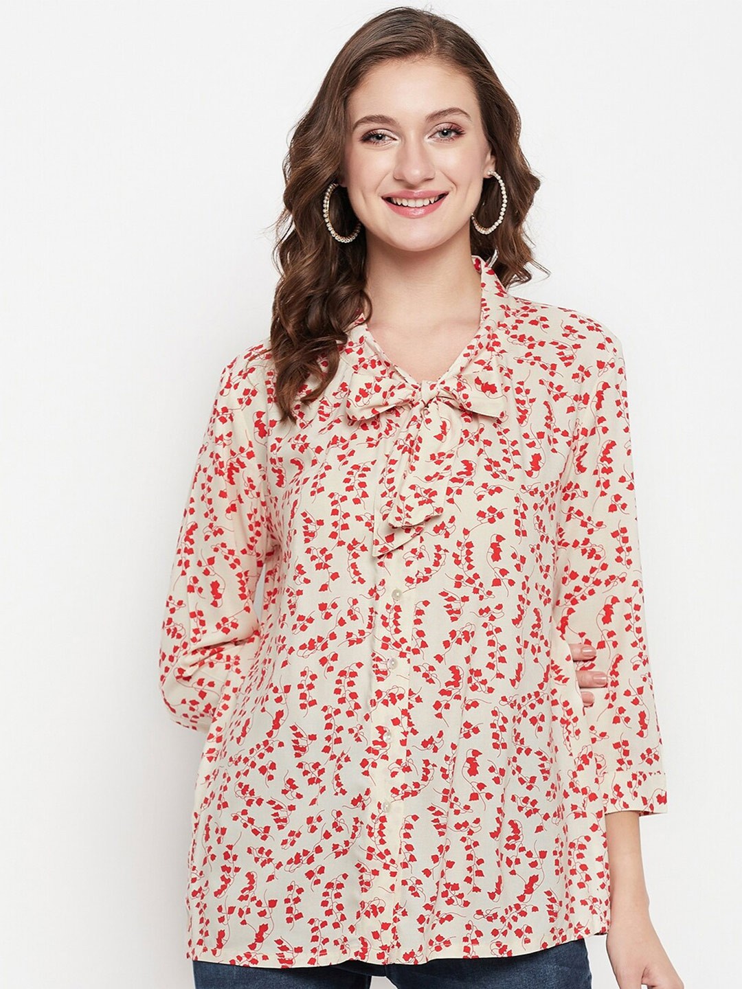 

Cantabil Floral Printed Tie-Up Neck Top, Cream