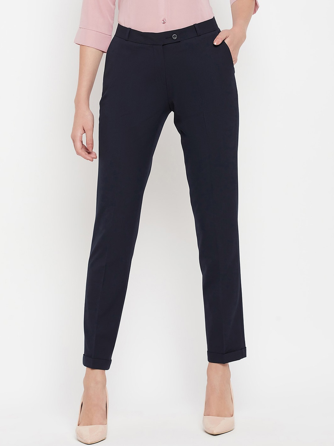 

Crozo By Cantabil Women Mid-Rise Formal Trousers, Navy blue