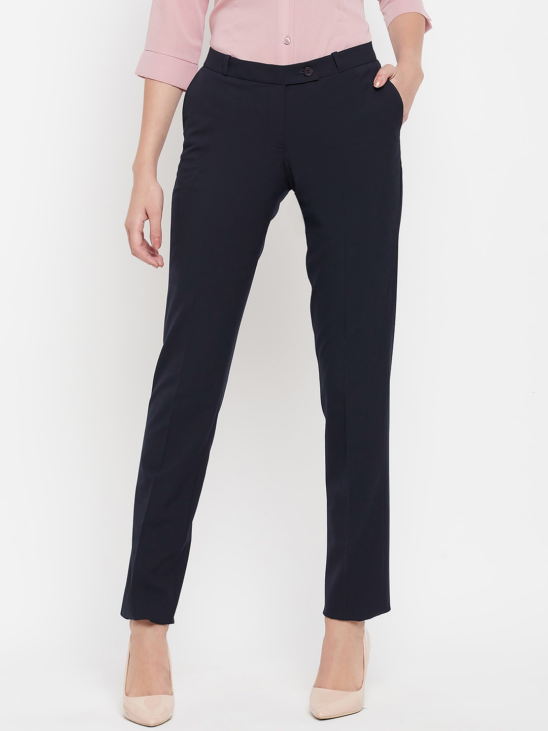 

Crozo By Cantabil Women Mid-Rise Formal Trousers, Navy blue