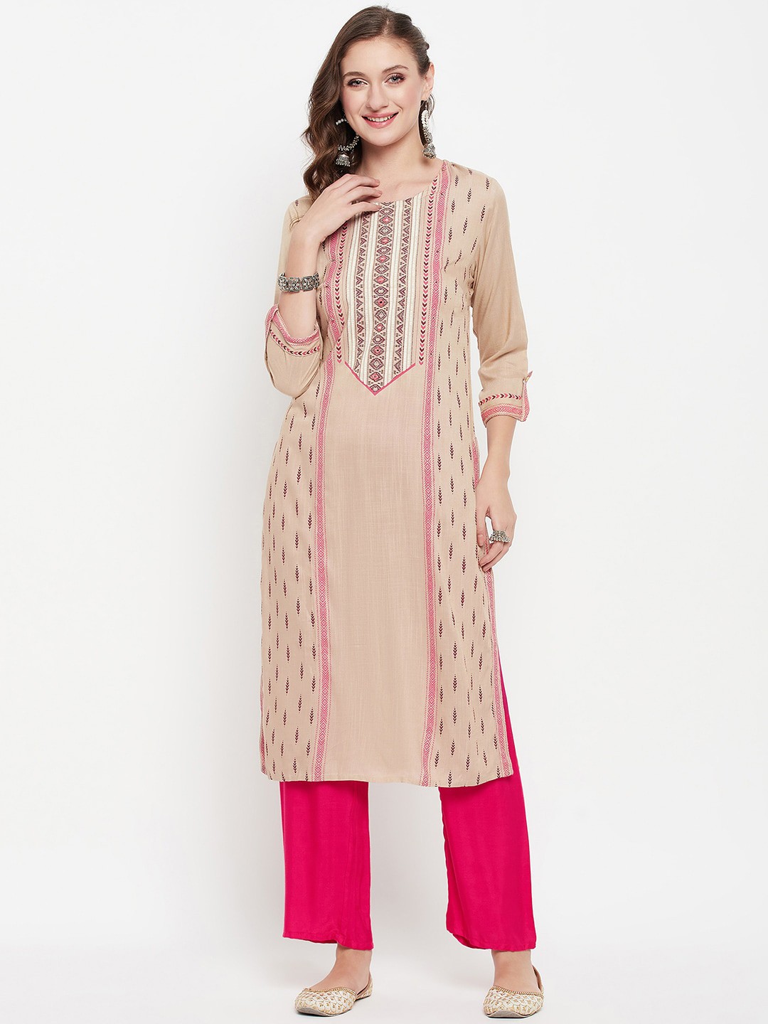 

Cantabil Ethnic Motifs Printed Boat Neck Panelled Kurta, Beige