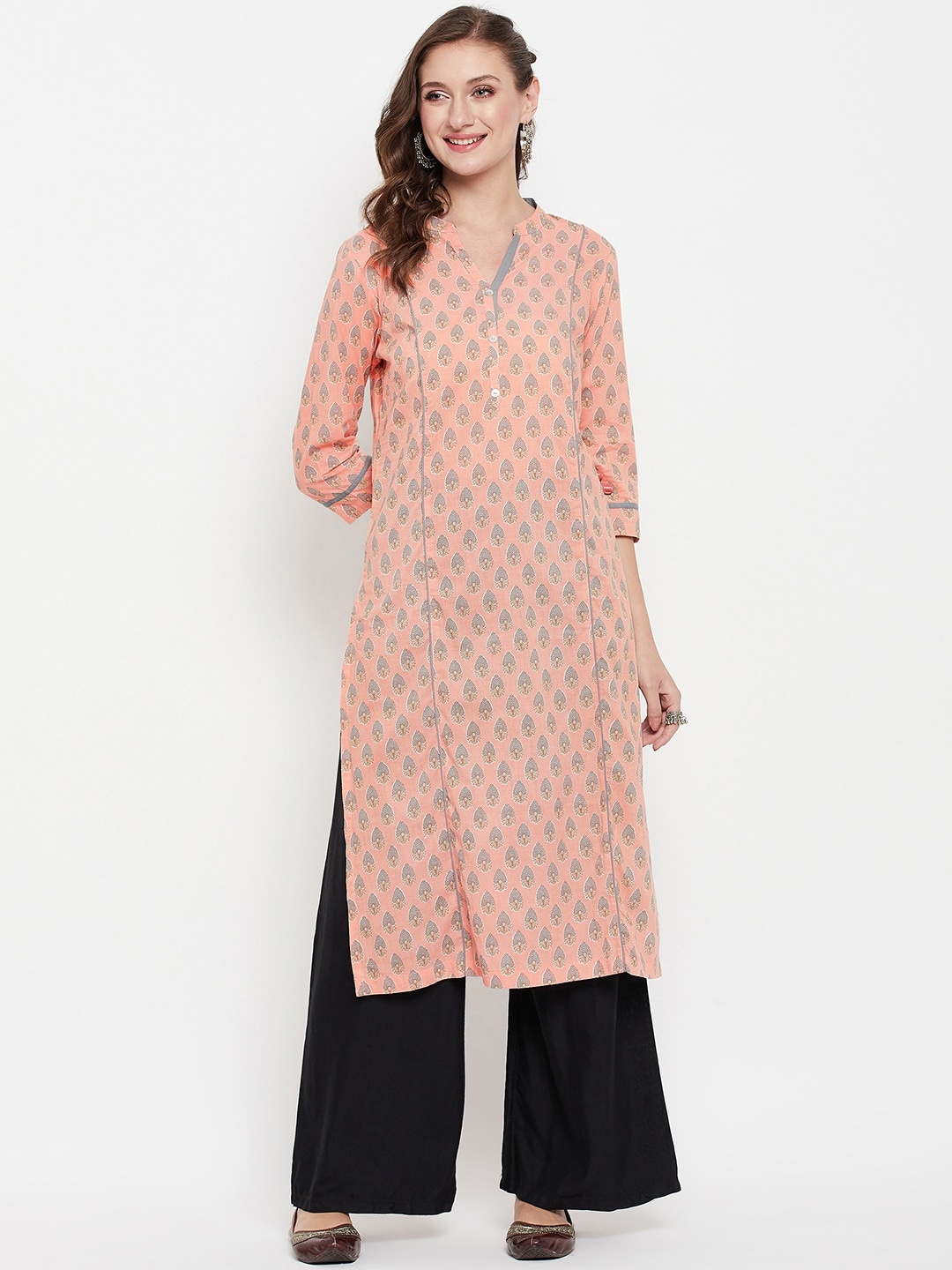 

Cantabil Ethnic Motifs Printed Mandarin Collar Panelled Kurta, Peach