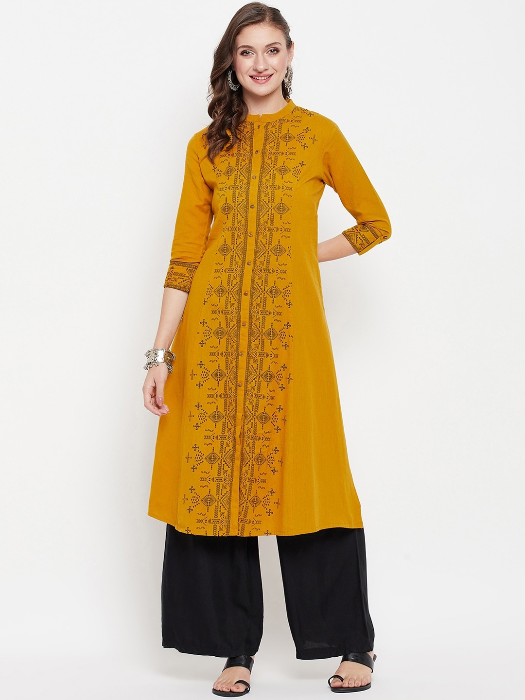 

Cantabil Ethnic Motifs Printed Mandarin Collar A-Line Kurta, Mustard