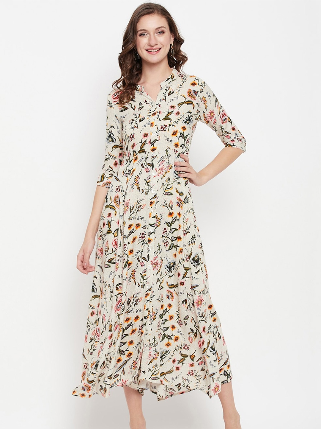 

Cantabil Floral Printed Mandarin Collar A-Line Midi Dress, Beige