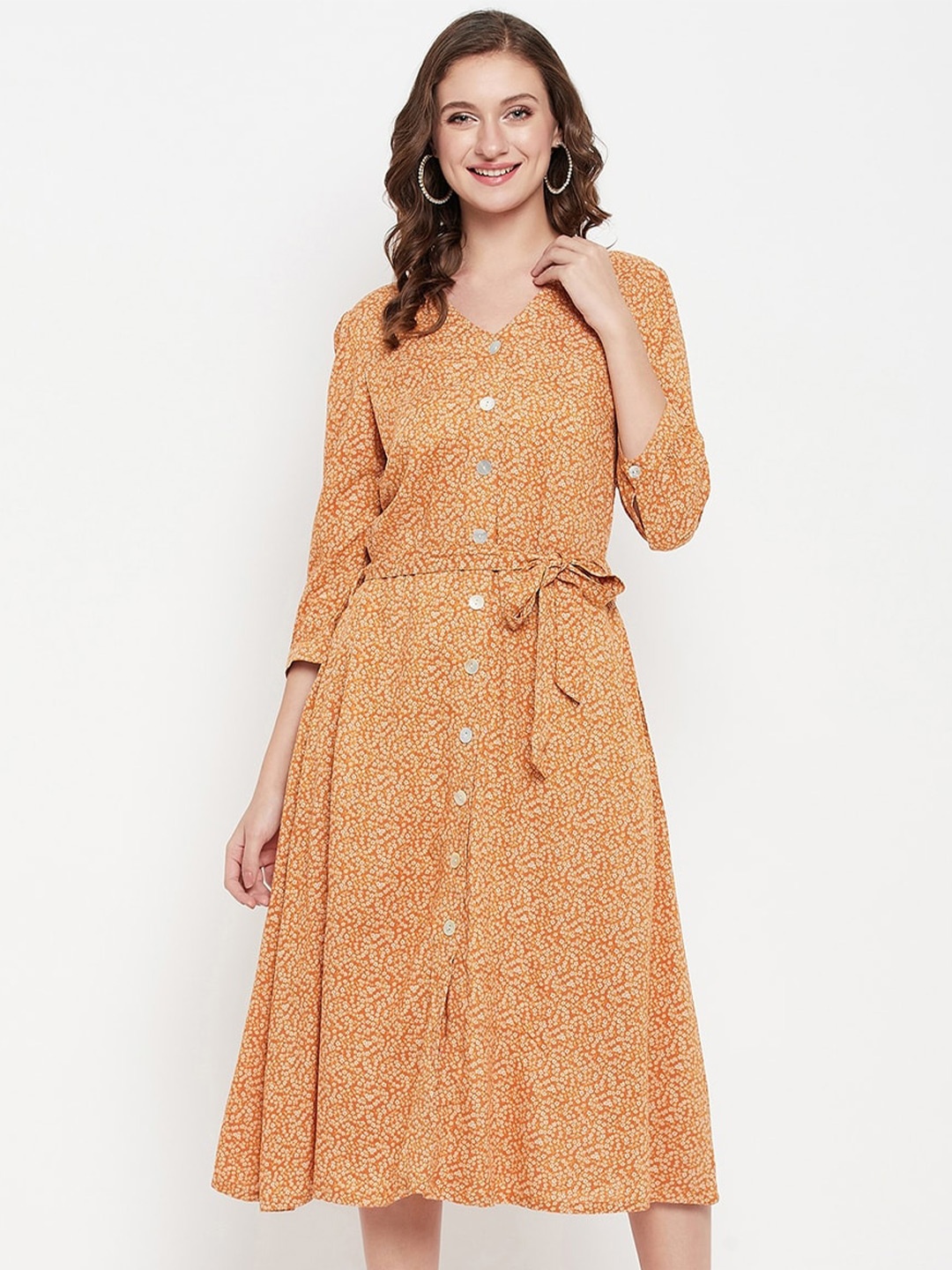 

Cantabil Floral Printed Shirt Midi Dress With Midi, Orange