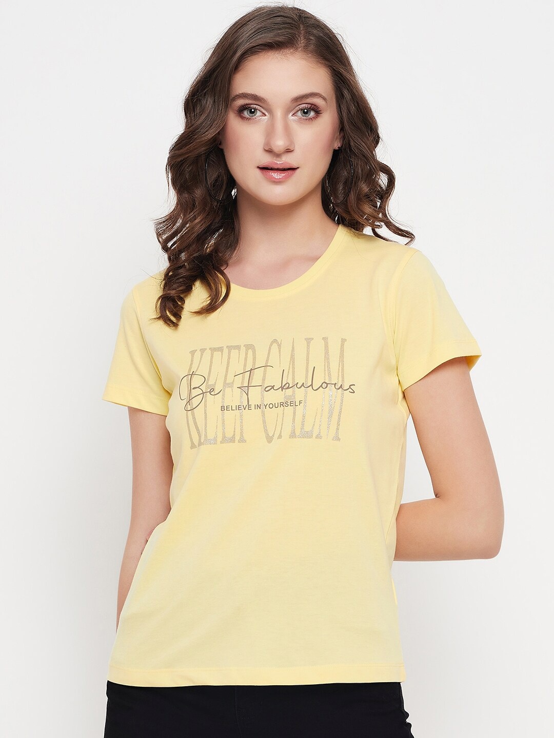 

Cantabil Typography Printed Regular Fit T-shirt, Yellow