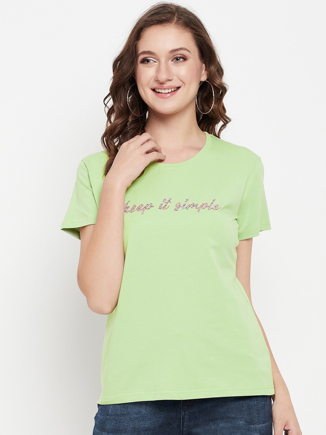 

Cantabil Women Typography Printed Cotton T-shirt, Green