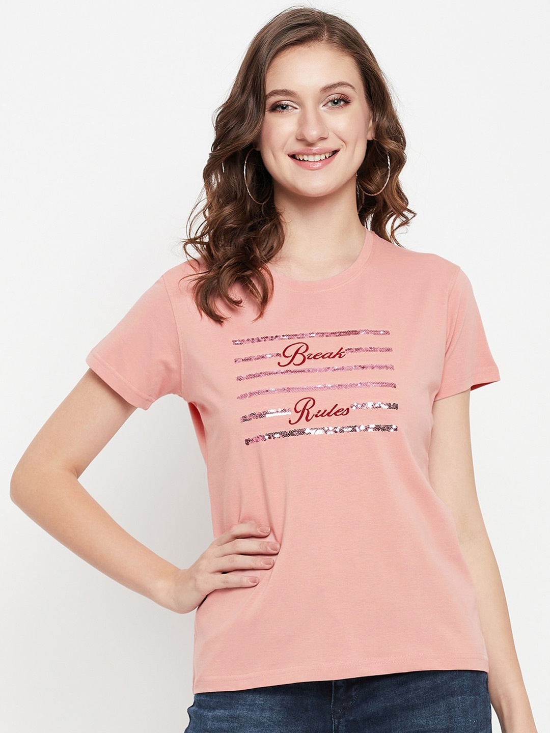 

Cantabil Women Typography Printed Sequinned Cotton T-shirt, Peach