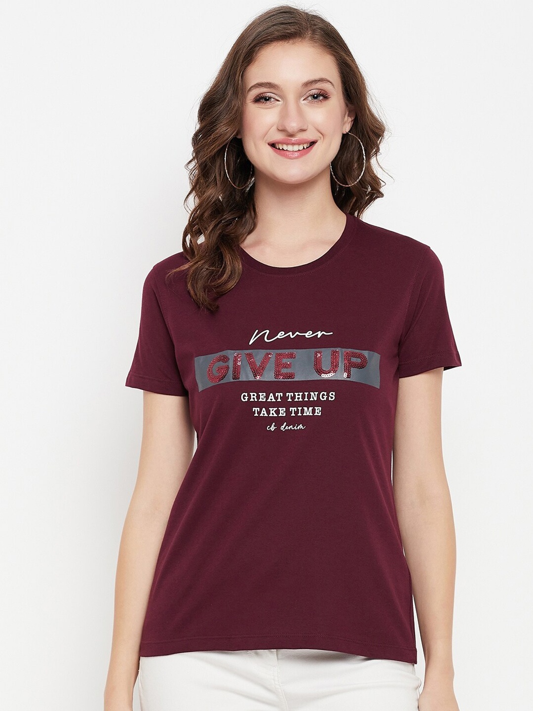 

Cantabil Women Typography Printed Regular Fit T-shirt, Maroon