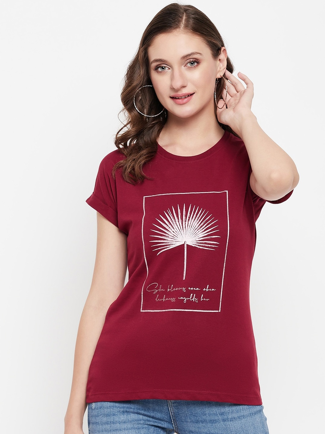 

Cantabil Women Printed Regular Fit T-shirt, Maroon