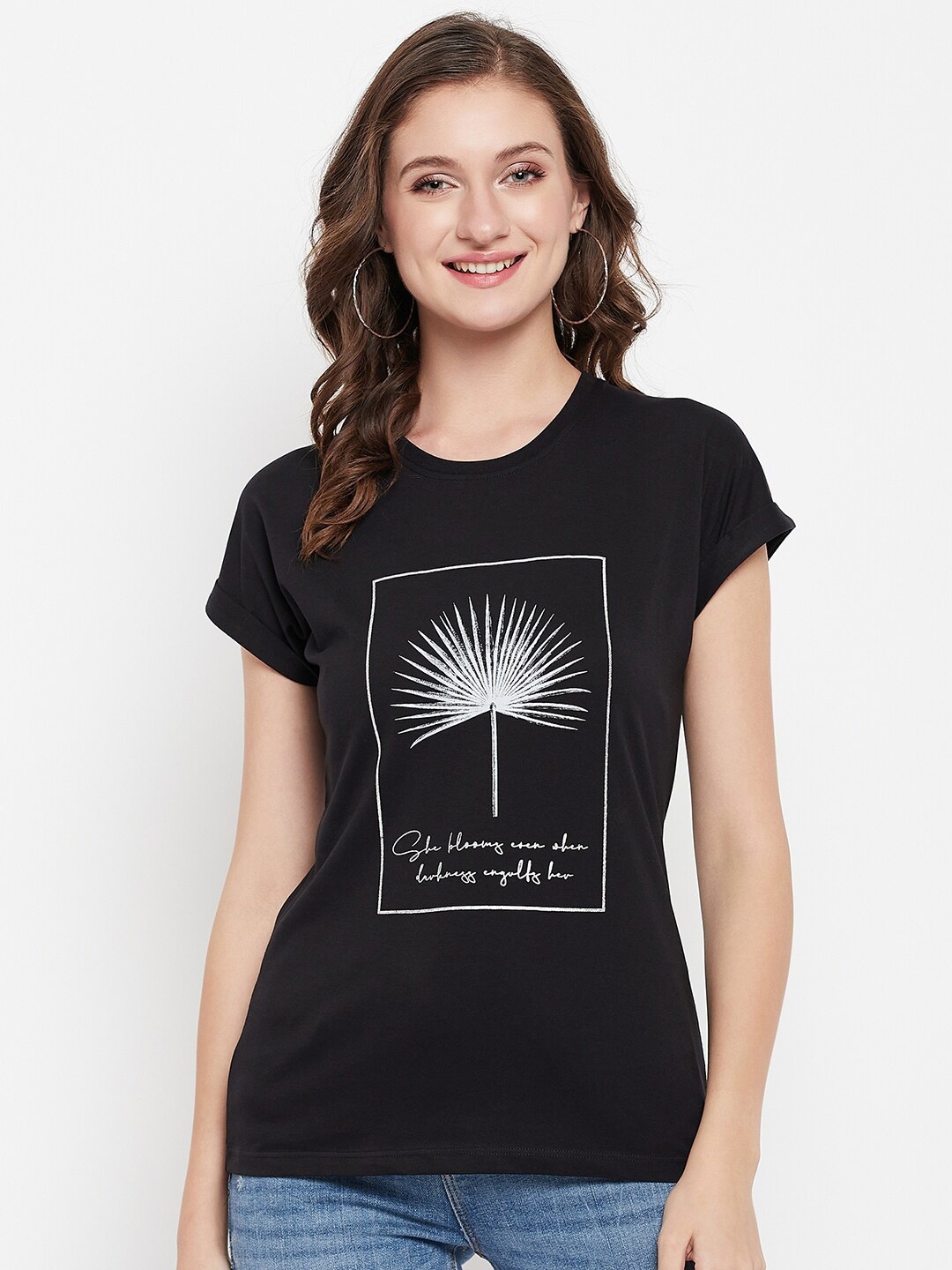 

Cantabil Women Printed Regular Fit T-shirt, Black