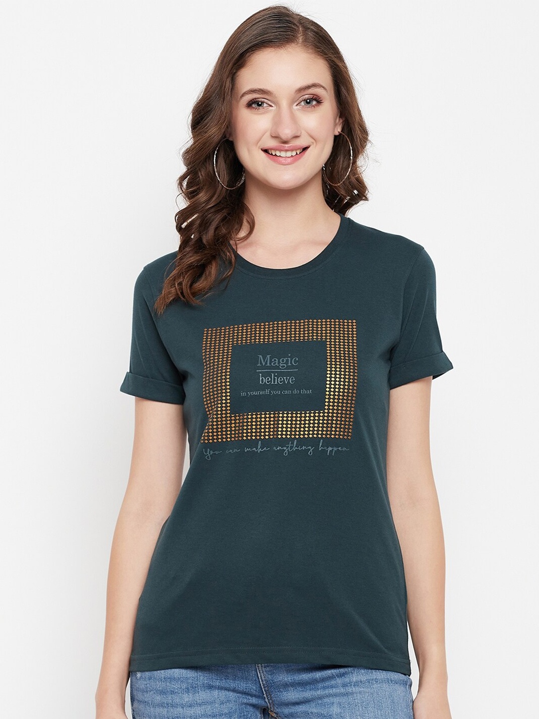 Cantabil Women Typography Printed Regular Fit T-shirt, Green